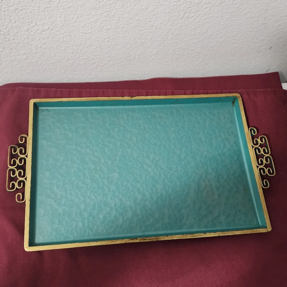 Mid-Century Moire Glaze Kyes Serving Tray Teal Gold MCM Art CA 15.5